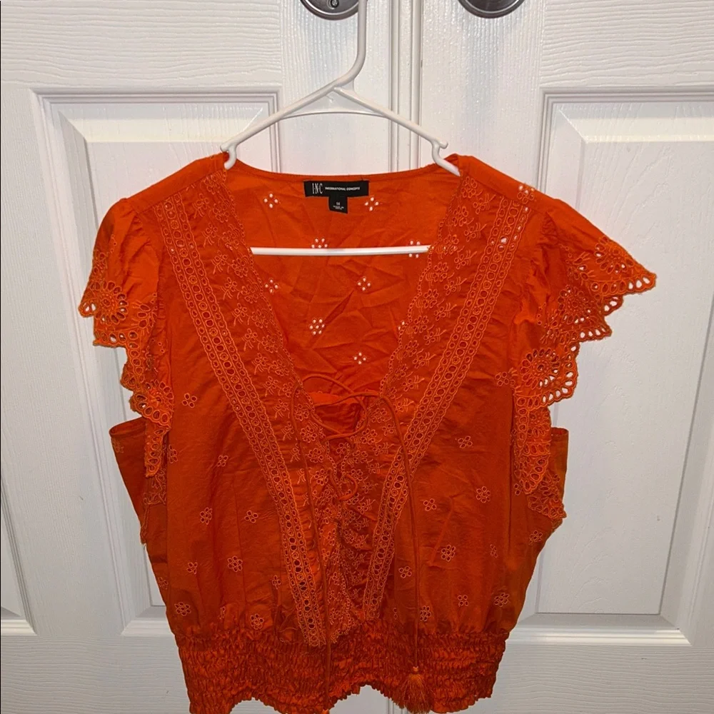 INC Bright Orange Eyelet Flutter Sleeve Women's Top - Picture 4 of 4